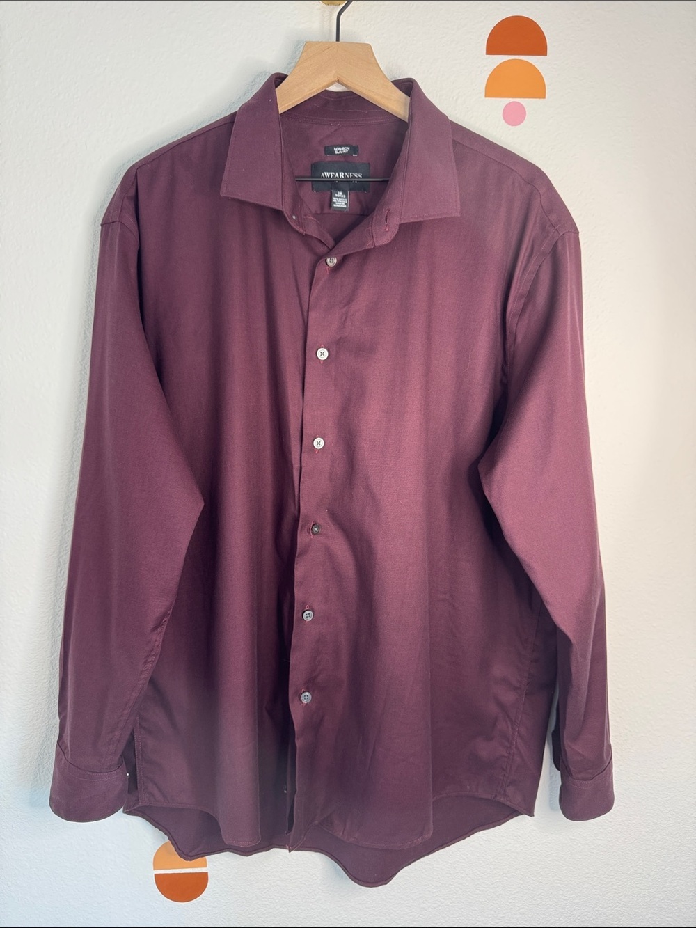 AWEARNESS Men’s Burgundy Non-Iron Slim Fit Dress Shirt 18 32/33 N0209